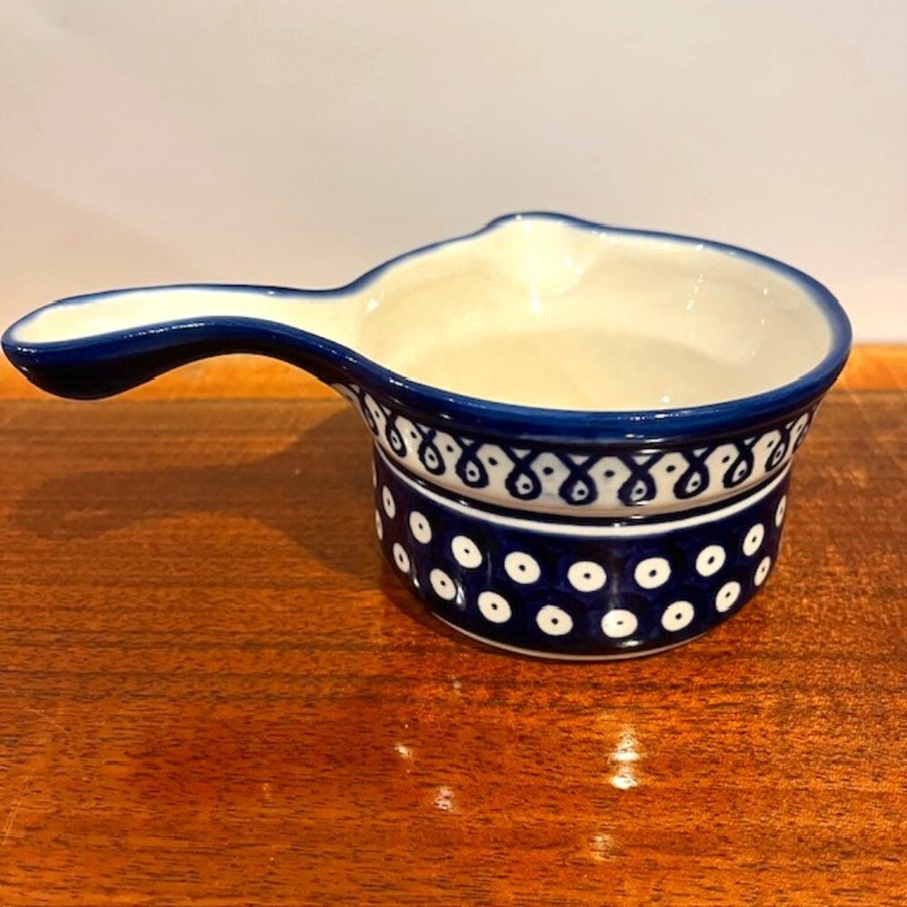 Boleslaweic Polish Pottery Blue White Handled Gravy Boat Sauce Pot Bowl